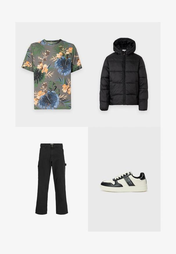 Svart dunjacka med huva, med horisontella quiltade paneler, dragkedja fram och en slät, glänsande yta.; Kortärmad t-shirt i grå bomull med ett tropiskt blommönster i orange, blått, grönt och beige, med olika bladmönster.; Svarta cargo-byxor i bomullsblandat tyg. Har vida ben, snedställda framfickor och en sidoficka med en ögla för accessoarer.; Läder sneakers med en svart och krämfärgad färgsättning, med perforerade detaljer, en vadderad krage och en strukturerad yttersula.