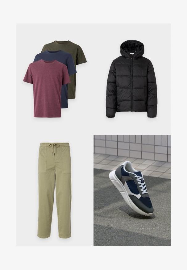 Μαύρο μπουφάν με κουκούλα, με οριζόντια καπιτονέ πάνελ, κλείσιμο με φερμουάρ μπροστά και λεία, γυαλιστερή υφή.; Τρία βαμβακερά μπλουζάκια παρουσιάζονται: μπορντό, ναυτικό μπλε και ελαιόλαδο πράσινο. Σχεδίαση με στρογγυλή λαιμόκοψη, κοντά μανίκια και μαλακή, υφασματική υφή.; Φως ελαιόχρωμο παντελόνι κατασκευασμένο από ύφασμα με μείγμα βαμβακιού, με ελαστική μέση και κορδόνι, και δύο μεγάλες πλευρικές τσέπες.; Αθλητικά παπούτσια με επάνω μέρος από ναυτικό μπλε διχτυωτό ύφασμα, γκρι σουέτ λεπτομέρειες, λευκή καουτσούκ σόλα και επίπεδα λευκά κορδόνια, σχεδιασμένα για άνεση και αερισμό.