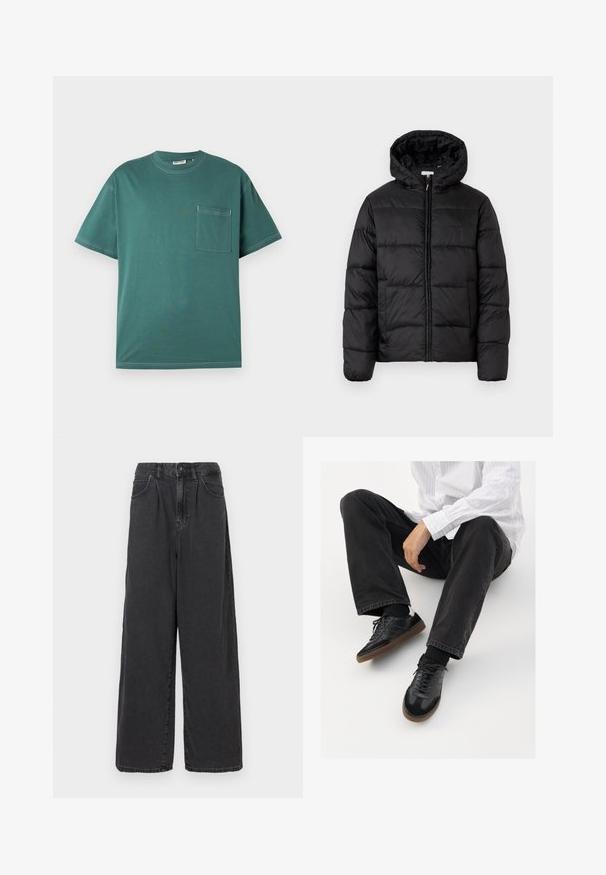 Mustapukuinen puhvijakku, jossa on huppu, vaakasuorat tikatut paneelit, vetoketjukiinnitys ja sileä, kiiltävä pinta.; Teal lyhythihainen t-paita, jossa on valkoiset ompeleet ja vasemmalla puolella rintatasku, esillä yksinkertaista valkoista taustaa vasten.; Haalihousut, korkeavyötäröiset mustat farkut, joissa on edessä nappi- ja vetoketjukiinnitys, sivutaskut ja sileä pinta.; Mustat tennarit, joissa on sileä ja teksturoitu päällyste, varustettuna kumipohjalla ja tummilla nauhoilla. Yhdistetty mustiin farkkuihin ja valko-raitaiseen paitaan.