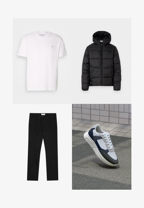 Melnā pūkainā jaka ar kapuci, ar horizontāliem quiltotiem paneļiem, ar rāvējslēdzēju priekšpusē un gludu, spīguļojošu tekstūru.; Balts īsām piedurknēm T-krekls, kas izgatavots no kokvilnas, ar apaļu kakla izgriezumu un mazu pelēku logotipu uz krūtīm. Gluda struktūra, klasiskā piegriezuma.; Melni taisnie džinsi ar piecu kabatu dizainu, pogu un rāvējslēdzēja aizdari, un Pier One zīmola uzlīmi uz jostasvietas.; Balti, tumši zili un pelēki sporta apavi ar jauktu materiālu dizainu, kuram ir teksturēts augšdaļa, plakani šņores un mīkstināta zole.