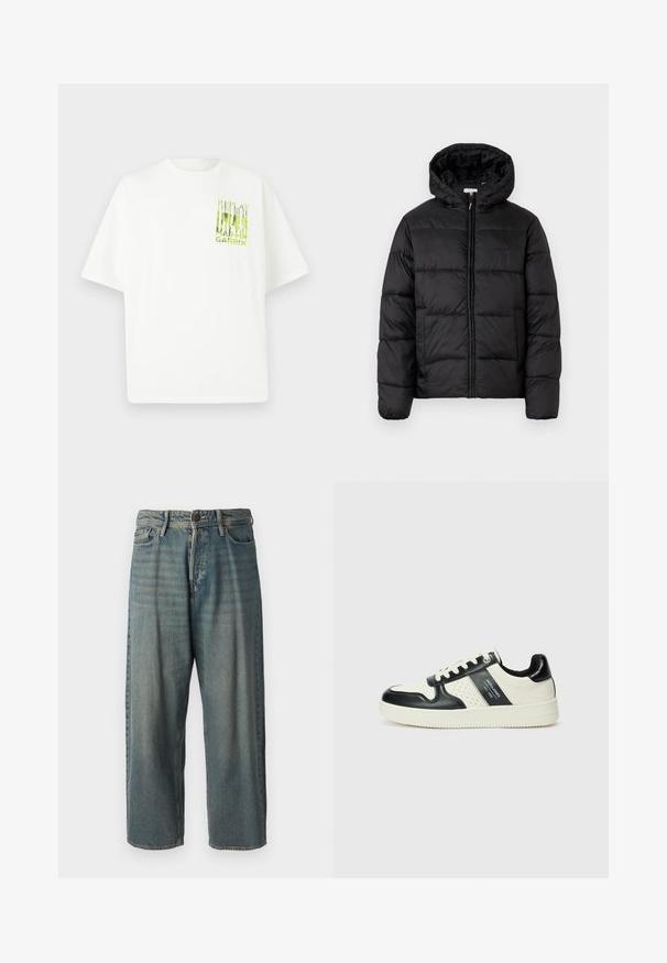 Črna pufasta bunda s kapuco, ki ima vodoravne prešite plošče, sprednje zapiranje na zadrgo in gladko, sijočo teksturo.; Bela oversize majica iz bombaža, s zelenim grafičnim tiskom "REPLAY MARTIN GARRIX" spredaj. Kratki rokavi in okrogla ovratnika.; Svetlomoderne kavbojke z ohlapnim krojem, srednjim pasom in ravnimi nogami. Imajo pet žepov, zanke za pas in zapiranje na gumb.; Usnjeni športni čevlji z črno in krem barvno shemo, ki vključujejo perforirane dodatke, podložen ovratnik in strukturirano podplat.