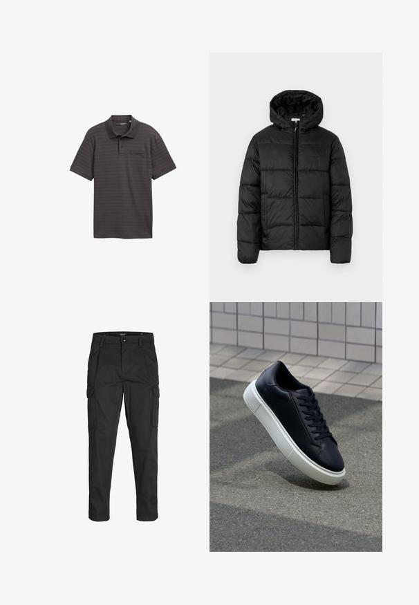Czarna kurtka puchowa z kapturem, z poziomymi pikowanymi panelami, zapinana na zamek błyskawiczny z przodu i o gładkiej, błyszczącej fakturze.; Koszulka polo z krótkim rękawem w ciemnoszarym kolorze, z poziomymi pasami, trzema guzikami przy kołnierzyku oraz małą kieszonką na piersi z detalem guzika.; Czarne spodnie cargo wykonane z wytrzymałego materiału, z wieloma kieszeniami, zapięciem na guzik oraz zwężanym krojem nogawek.; Czarne skórzane sneakersy z okrągłym noskiem i białą gumową podeszwą. Posiadają płaskie sznurowadła i minimalne przeszycia na cholewce. Teksturowana podeszwa zapewnia przyczepność.