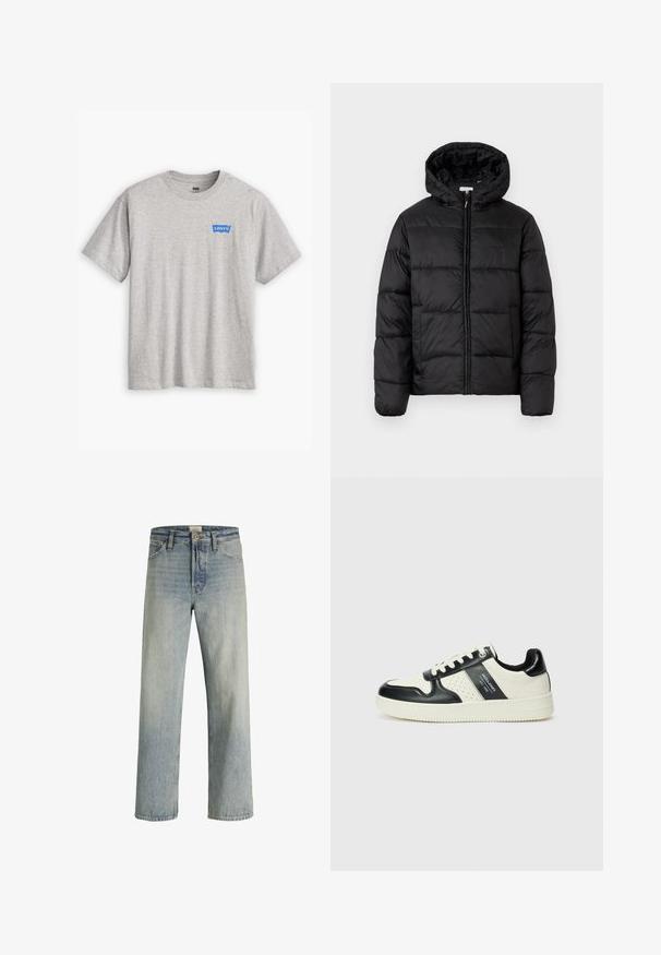 Czarna kurtka puchowa z kapturem, z poziomymi pikowanymi panelami, zapinana na zamek błyskawiczny z przodu i o gładkiej, błyszczącej fakturze.; Szara bawełniana koszulka z krótkim rękawem i okrągłym dekoltem, z niebieskim logotypem Levi's na lewej stronie klatki piersiowej.; Jasnoniebieskie dżinsy z prostymi nogawkami, wysokim stanem i subtelnym efektem wyblaknięcia. Posiadają pięć kieszeni oraz tradycyjny zamek na guziki.; Skórzane sneakersy w czarno-kremowym schemacie kolorystycznym, z perforowanymi akcentami, wyściełanym kołnierzem i teksturowaną podeszwą.