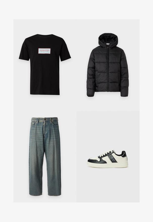 Svart puffjakke med hette, med horisontale quiltpaneler, glidelås foran og en glatt, shiny tekstur.; Svart T-skjorte laget av bomull, med et rektangulært logo med "JACK & JONES" i rødt og hvitt, sentrert på forsiden. Korte ermer.; Lyseblå denimjeans med løs passform, midjehøyde og rette ben. Har fem lommer, beltehemper og knappelukking.; Lædersneakers med sort og creme farveskema, der har perforerede detaljer, en polstret krave og en struktureret ydersål.