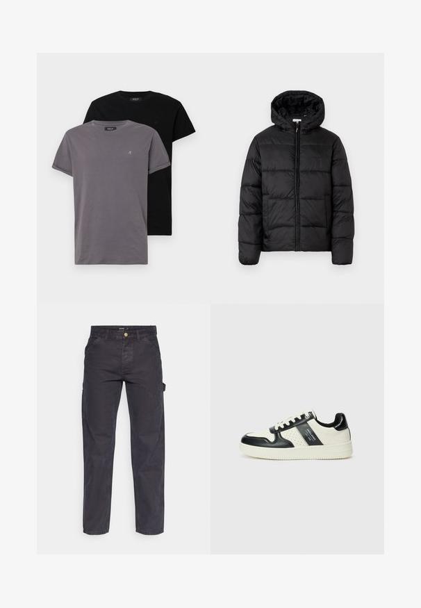 Čierna prešívaná bunda s kapucňou, s horizontálnymi prešívanými panelmi, so zipsom vpredu a hladkou, lesklou textúrou.; Dvoje tričiek s okrúhlym výstrihom; jedno šedé, druhé čierne. Obe sú vyrobené z jemnej bavlny a majú rolované rukávy s malým logom na hrudi.; Tmavošedé cargo nohavice vyrobené z odolného materiálu, s rovnými nohavicami, piatimi vreckami a gombíkovým zapínaním v páse.; Kožené tenisky v čierno-krémovej farbe, s perforovanými akcentmi, polstrovaným golierom a štruktúrovanou podrážkou.