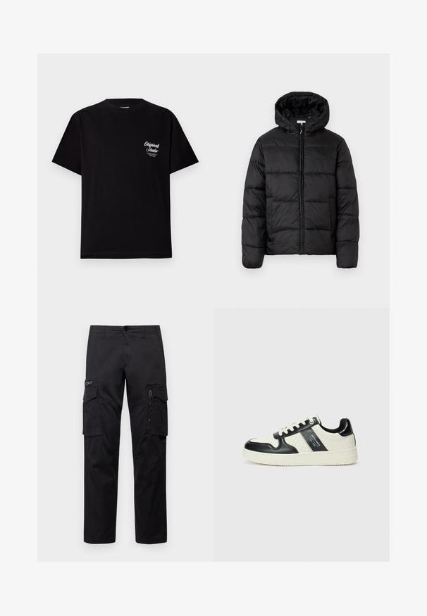 Svart puffjakke med hette, med horisontale quiltpaneler, glidelås foran og en glatt, shiny tekstur.; Svart t-skjorte med kort erme laget av bomull. Har en liten hvit logo på venstre brystområde. Rund halsdesign, vanlig passform.; Sorte cargo bukser med flere lommer, en lynlåslomme på låret, rett passform og solid bomullsstoff med lett glans.; Lædersneakers med sort og creme farveskema, der har perforerede detaljer, en polstret krave og en struktureret ydersål.