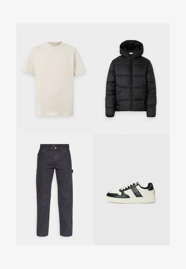 Sort pufferjakke med hætte, med vandrette quiltede paneler, lynlåslukning foran og en glat, skinnende tekstur.; Lys beige bomulds t-shirt med rund hals, korte ærmer og et lille broderet logo på brystet. Enkel, almindelig pasform design.; Mørkegrå cargo-bukser lavet af slidstærkt stof, med lige ben, fem lommer og en knaplukning i taljen.; Lædersneakers i sort og creme farveskema, med perforerede detaljer, en polstret krave og en struktureret ydersål.
