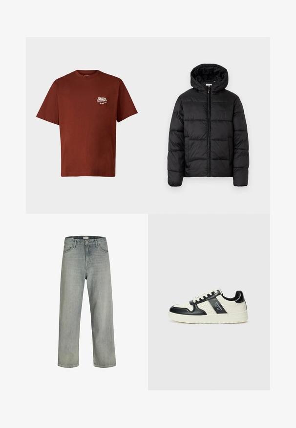 Jachetă puffer neagră cu glugă, cu panouri quilted orizontale, închidere prin fermoar și o textură netedă, lucioasă.; Jack & Jones JORNOHO TEE - Tricou cu imprimeu - brown; Jeans decolorate, cu croială confortabilă, realizate din denim. Prezentă un design clasic cu cinci buzunare, bucle pentru curea și o siluetă dreaptă.; Tenisi din piele cu un scheme de culori negru și crem, dotati cu accente perforate, guler căptușit și o talpă texturată.