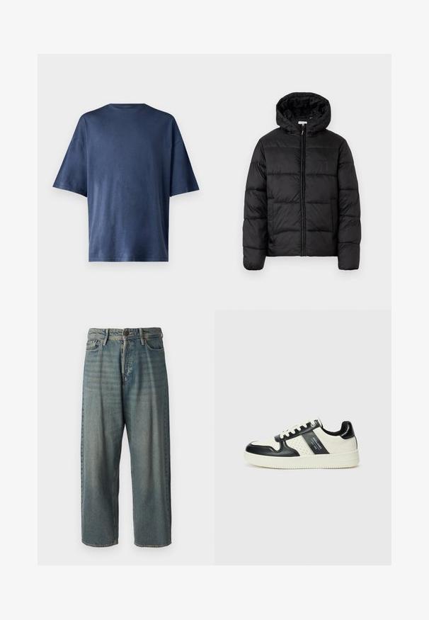 Musternaturmustar coat mustelhoovaga, hrisontaalsete tikandi paneelidega, tõmbluku ees sulgemisega ja sujuva, läikiva tekstuuriga.; Tumesinine lühikeste varrukatega T-särk, valmistatud pehmest kangast, omab klassikalist ümarat kaelust ja mugavat lõiget, ilma nähtavate mustrite või aktsentideta.; Heledad sinine denim-stiilis teksad, volüümse lõike, keskmise kõrgusega talje ja sirgete säärega. Omab viit taskut, vöökumme ja nööpide sulgemist.; Nahatud nahkkingad musta ja kreemi värviskeemiga, millel on perforeeritud aktsendid, pehme krae ja tekstureeritud tallad.