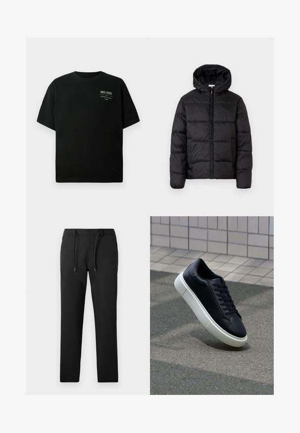 Casaco puffer preto com capuz, apresentando painéis acolchoados horizontais, fecho com zíper na frente e uma textura suave e brilhante.; Camiseta de algodão preta com decote redondo e mangas curtas; apresenta texto impresso em branco no lado superior esquerdo. Textura suave.; Calças pretas com um ajuste slim, feitas de um tecido macio, com uma cintura elástica, bolsos laterais e um acabamento liso.; Sapatilha de couro preto com bico arredondado e sola de borracha branca. Apresenta atacadores planos e costuras mínimas na parte superior. Sola texturizada para melhor aderência.