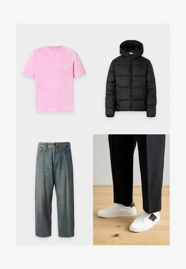 Melnā pūkainā jaka ar kapuci, ar horizontāliem quiltotiem paneļiem, ar rāvējslēdzēju priekšpusē un gludu, spīguļojošu tekstūru.; Rozā kokvilnas T-krekls ar apaļu kakla izgriezumu un īsām piedurknēm. Uz krūtīm ir neliels balts uzraksts "Originals Studio".; Gaiši zili džinsi ar brīvu piegriezumu, vidējo jostas augstumu un taisnām kājām. Satur piecas kabatas, jostas cilpas un pogu aizdari.; Baltā pārsoļa apavi ar gludu tekstūru, papildināti ar brūniem ādas akcentiem un melniem elementiem, savienoti ar melnām pielāgotām biksēm. Koka grīdas fons.