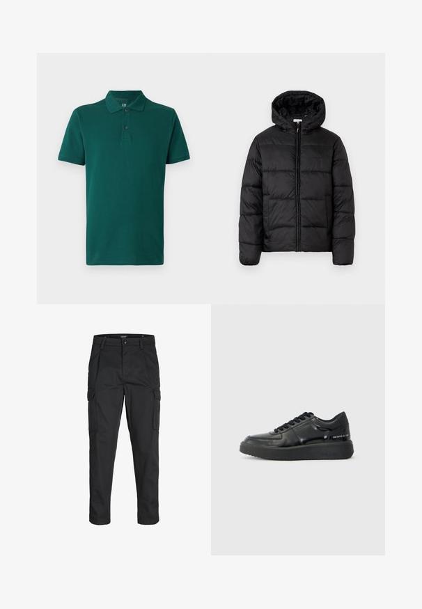 Čierna prešívaná bunda s kapucňou, s horizontálnymi prešívanými panelmi, so zipsom vpredu a hladkou, lesklou textúrou.; Zelená polokošeľa vyrobená z bavlny. Má klasický golier, krátke rukávy a tri gombíky pri krku. Hladká textúra.; Čierne cargo nohavice z odolnej látky, s viacerými vreckami, gombíkovým zapínaním a úzkym strihom so zúženými nohavicami.; Čierne kožené tenisky s hladkým povrchom, okrúhlou špičkou a kontrastnou čiernou gumovou podrážkou. Majú ploché šnúrky a branding na boku.