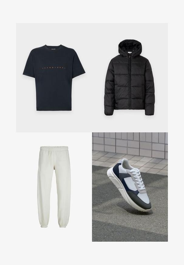 Schwarze Steppjacke mit Kapuze, ausgestattet mit horizontalen Stepppanelen, Reißverschluss vorne und einer glatten, glänzenden Textur.; Schwarzes Baumwoll-T-Shirt mit kurzen Ärmeln und Rundhalskragen. Auf der Vorderseite steht "JACK & JONES" in fettem orangefarbenem Schriftzug. Glatte Textur.; Weiße Jogginghose aus weichem Stoff, mit elastischem Bund und Säumen, einer glatten Textur und lockerem Schnitt.; Weißer, marineblauer und grauer Sneaker mit einem Materialmix-Design, das ein strukturiertes Obermaterial, flache Schnürsenkel und eine gepolsterte Sohle aufweist.