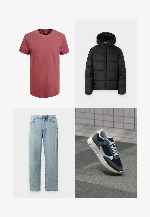 Svart dunjacka med huva, med horisontella quiltade paneler, dragkedja fram och en slät, glänsande yta.; Kortärmad t-shirt med rund hals i urtvättad röd bomull. Har en liten, tonad logotyp på bröstet och uppkavlade ärmslut. Slät textur.; Ljusblå raka denimjeans med knapp- och dragkedjeslutning, framfickor och subtilt blekt detaljer.; Sko med överdel i marinblå mesh, grå mockadetaljer, vit gummisula och platta vita snören, designad för komfort och andningsförmåga.