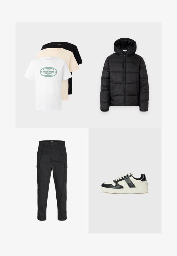 Juodas pūkinis švarkas su kapišonu, su horizontaliai siuvinėtais audinio ruožais, priekyje užsegamas užtrauktuku ir turintis lygią, blizgią tekstūrą.; Trys sukrautos apvalios iškirptės marškinėliai juodos, kreminės ir baltos spalvų, o balti marškiniai turi žalią užrašą "Jack & Jones Worldwide".; Juodi krovinių tipo džinsai, pagaminti iš tvirto audinio, su keliais kišeniais, mygtuko uždarymu ir siauru, prigludusiu dizainu su siaurėjančiomis kojomis.; Odiniai sportbačiai juodos ir kreminės spalvų schemoje, su perforuotais akcentais, paminkštinta apykakle ir tekstūruotu padu.