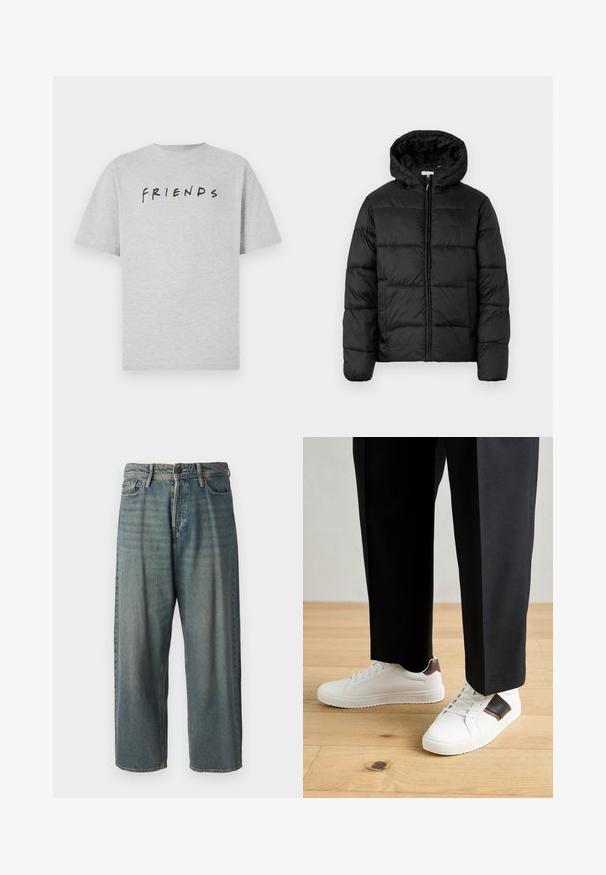 Čierna prešívaná bunda s kapucňou, s horizontálnymi prešívanými panelmi, so zipsom vpredu a hladkou, lesklou textúrou.; Sivý bavlnený tričko s krátkymi rukávmi, na ktorom je slovo "PRIATELIA" v čiernej farbe, doplnené farebnými bodkami v neformálnom písme.; Svetlomodré denimové nohavice so voľným strihom, stredne vysokým pásom a rovnými nohavicami. Obsahujú päť vreciek, pútka na opasok a zapínanie na gombík.; Biele tenisky s hladkým povrchom, s hnedými koženými akcentmi a čiernymi detailmi, spárované s čiernymi elegantnými nohavicami. Pozadím je drevená podlaha.