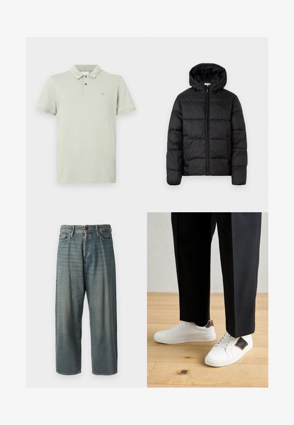 Casaco puffer preto com capuz, apresentando painéis acolchoados horizontais, fecho com zíper na frente e uma textura suave e brilhante.; Polo shirt verde claro feito de tecido macio, com colarinho clássico, pala de dois botões, mangas curtas e um pequeno logotipo no peito.; Jeans de ganga azul claro com um corte solto, cintura média e pernas retas. Apresenta cinco bolsos, passadores de cinto e fecho com botão.; Ténis brancos com textura suave, apresentando elementos em pele castanha e detalhes em preto, combinados com calças pretas ajustadas. Fundo de chão de madeira.