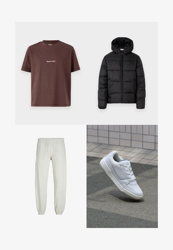 Chaqueta de plumas negra con capucha, que presenta paneles acolchados horizontales, cierre frontal con cremallera y una textura suave y brillante.; Camiseta de algodón marrón con cuello redondo. Presenta mangas cortas y un texto bordado central que dice "Original Studio" en blanco.; Pantalones de chándal blancos hechos de una tela suave, con cinturilla y puños elásticos, que presentan una textura suave y un diseño holgado.; Zapatilla blanca de cuero con lados perforados, acentos texturizados, cordones planos y un talón gris en contraste. Presenta una suela ligeramente elevada.