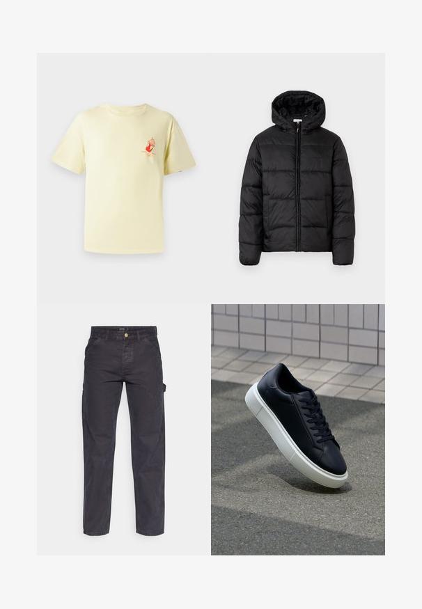 Crna puffer jakna s kapuljačom, koja ima horizontalne kvadratne panele, zatvaranje na zip sprijeda i glatku, sjajnu teksturu.; Svijetložuta pamučna majica s okruglim izrezom i kratkim rukavima; sadrži crvenu grafiku čaše sladoleda na lijevom prsnom dijelu.; Tamno sivi cargo hlače od izdržljivog materijala, s ravnim krojem, pet džepova i kopčanjem na dugme u struku.; Crne kožne tenisice s zaobljenim vrhom i bijelim gumiranim potplatom. Imaju ravne vezice i minimalno šivanje na gornjem dijelu. Teksturirani potplat za bolje prianjanje.