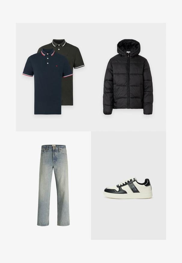 Črna pufasta bunda s kapuco, ki ima vodoravne prešite plošče, sprednje zapiranje na zadrgo in gladko, sijočo teksturo.; Dve polo majice: ena mornarsko modra z rdečim in belim črtastim ovratnikom; ena temno zelena z enojenim ovratnikom. Obe imata tri gumbe in kratke rokave.; Svetlo modri traper hlače z ravnim krojem, visokim pasom in subtilnim zbledelostjo. Imajo pet žepov in tradicionalno gumbasto zadrgo.; Usnjeni športni čevlji z črno in krem barvno shemo, ki vključujejo perforirane dodatke, podložen ovratnik in strukturirano podplat.