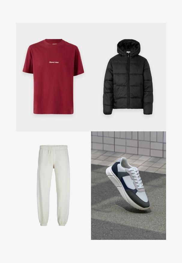 Jachetă puffer neagră cu glugă, cu panouri quilted orizontale, închidere prin fermoar și o textură netedă, lucioasă.; Tricou din bumbac de culoare burgundă, cu mâneci scurte și guler rotund. Prezintă un text brodat alb care spune "Originals Studio" pe partea din față.; Pantaloni de trening albi, realizati dintr-un textile moale, avand talie elastica si mansete, cu o textura fina si un design lejer.; Tenisi albi, bleumarin și gri, cu un design din materiale mixte, având un superior texturat, șireturi plate și o talpă căptușită.