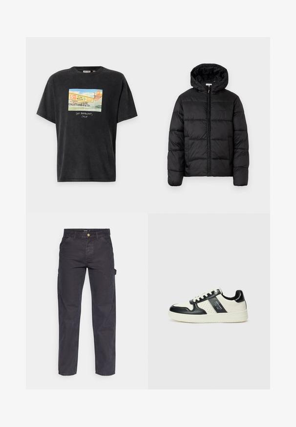 Black puffer jacket with a hood, featuring horizontal quilted panels, zip front closure, and a smooth, shiny texture.; Black short-sleeve T-shirt made of cotton, featuring a colorful graphic print depicting a car wash with text "SAN BERNARDINO, CALIF."; Dark gray cargo pants made of durable fabric, featuring a straight-leg cut, five pockets, and a button closure at the waist.; Leather sneakers with a black and cream color scheme, featuring perforated accents, a padded collar, and a textured outsole.