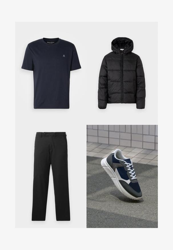Casaco puffer preto com capuz, apresentando painéis acolchoados horizontais, fecho com zíper na frente e uma textura suave e brilhante.; T-shirt de algodão azul marinho, com mangas curtas, gola redonda e pequeno logótipo bordado no peito. Textura lisa, design casual.; Calças pretas feitas de um tecido de algodão misto, apresentando um design de pernas retas, um fecho de botão e bolsos laterais sem costura.; Sapatilha com parte superior em malha azul-marinho, detalhes em camurça cinza, sola de borracha branca e atacadores brancos planos, projetada para conforto e respirabilidade.