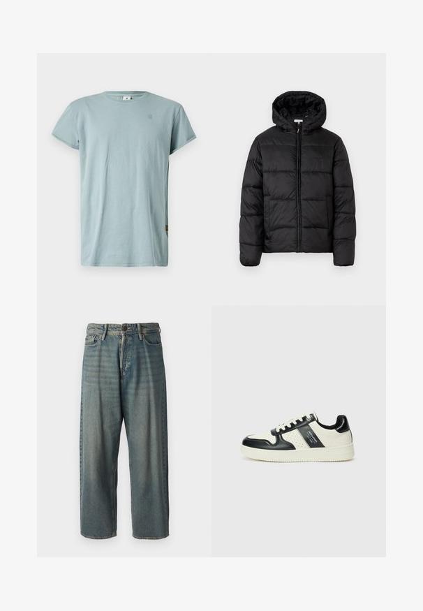 Melnā pūkainā jaka ar kapuci, ar horizontāliem quiltotiem paneļiem, ar rāvējslēdzēju priekšpusē un gludu, spīguļojošu tekstūru.; Gaiši zils īsām piedurknēm T-krekls, izgatavots no kokvilnas. Ar apaļu kakla izgriezumu un mazu logotipu uz krūšu. Gluda tekstūra, ikdienas piegriezums.; Gaiši zili džinsi ar brīvu piegriezumu, vidējo jostas augstumu un taisnām kājām. Satur piecas kabatas, jostas cilpas un pogu aizdari.; Ādas sporta apavi ar melnbaltu krāsu shēmu, ar perforētiem akcentiem, mīkstinātu apkakli un teksturētu zoli.