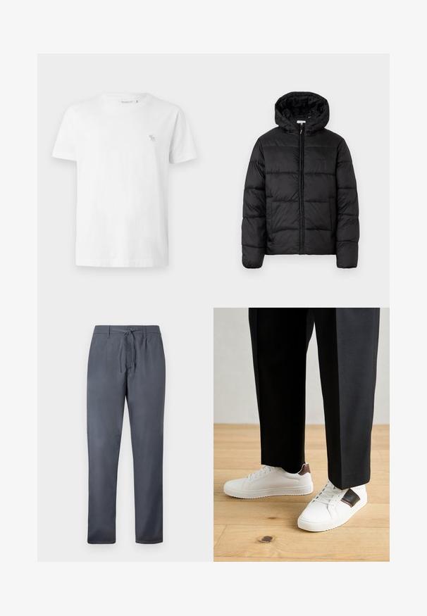 Czarna kurtka puchowa z kapturem, z poziomymi pikowanymi panelami, zapinana na zamek błyskawiczny z przodu i o gładkiej, błyszczącej fakturze.; Biała bawełniana koszulka z krótkim rękawem, okrągłym dekoltem i małym szarym haftowanym logo po lewej stronie klatki piersiowej. Gładka tekstura.; Szare spodnie wykonane z gładkiego materiału, z elastycznym sznurkiem w pasie i bocznymi kieszeniami. Prosty krój nogawki z schludnym wykończeniem.; Białe trampki o gładkiej fakturze, z brązowymi skórzanymi akcentami i czarnymi detalami, zestawione z czarnymi eleganckimi spodniami. Tło stanowi drewniana podłoga.