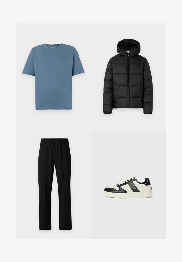 Giacca a vento nera con cappuccio, caratterizzata da pannelli trapuntati orizzontali, chiusura frontale con zip e una texture liscia e lucida.; T-shirt a maniche corte e colletto rotondo in morbido cotone blu. Presenta una vestibilità rilassata e dettagli di orlo cuciti. Nessun motivo o accessorio aggiuntivo.; Pantaloni neri con vita elasticizzata e design a gamba dritta, caratterizzati da una texture liscia e senza motivi o hardware visibili.; Sneakers in pelle con una combinazione di colori nero e crema, dotati di dettagli perforati, collare imbottito e suola testurizzata.