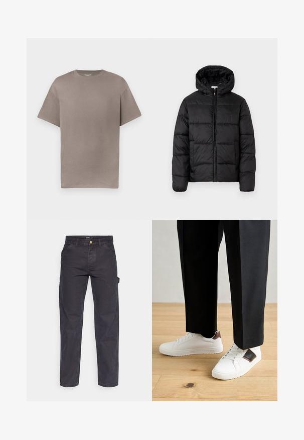 Čierna prešívaná bunda s kapucňou, s horizontálnymi prešívanými panelmi, so zipsom vpredu a hladkou, lesklou textúrou.; Jednoduché tričko s voľným strihom, krátkym rukávom a okrúhlym výstrihom v tlmenom taupe odtieni, vystavené na bielom pozadí.; Tmavošedé cargo nohavice vyrobené z odolného materiálu, s rovnými nohavicami, piatimi vreckami a gombíkovým zapínaním v páse.; Biele tenisky s hladkým povrchom, s hnedými koženými akcentmi a čiernymi detailmi, spárované s čiernymi elegantnými nohavicami. Pozadím je drevená podlaha.