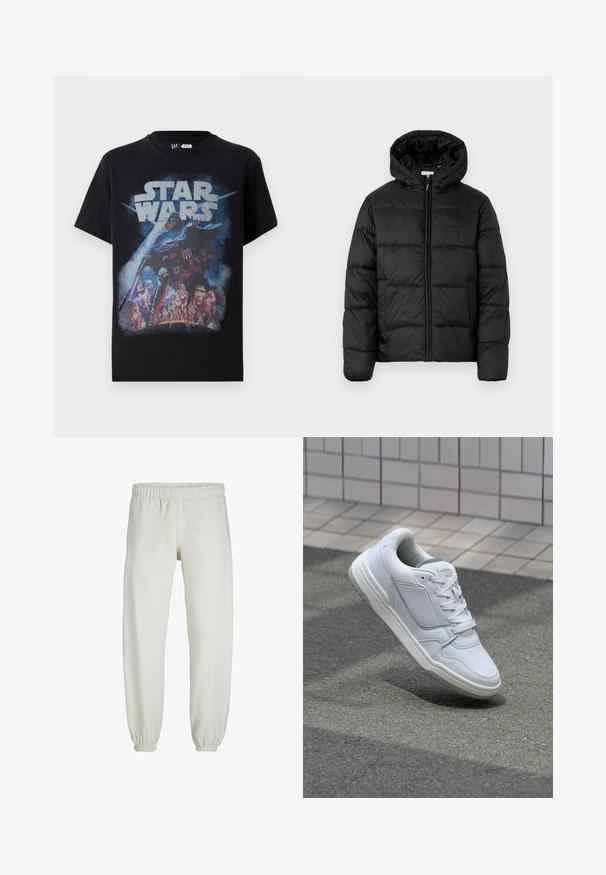 Černá péřová bunda s kapucí, s horizontálně prošívanými panely, předním zipovým zapínáním a hladkým, lesklým povrchem.; Černé bavlněné tričko s barevným potiskem „Star Wars“, zobrazující Darth Vadera a různé postavy proti pozadí vesmíru.; Bílé tepláky vyrobené z měkkého materiálu, s elastickým pasem a manžetami, s hladkou texturou a volným střihem.; Bílé kožené tenisky s perforovanými stranami, texturovanými detaily, plochými tkaničkami a kontrastní šedou patou. Mají mírně zvýšenou podrážku.