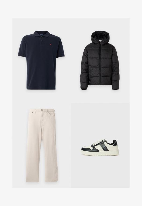 Černá péřová bunda s kapucí, s horizontálně prošívanými panely, předním zipovým zapínáním a hladkým, lesklým povrchem.; Námořnické polo tričko z bavlny. Má límeček, zapínání na tři knoflíky a malé červené logo na levé straně hrudi.; Béžové kordové kalhoty s rovnou siluetou, s ribovanou texturou, pěticí kapsami a zapínáním na knoflíky.; Kožené tenisky s černobílou barevnou kombinací, které mají perforované detaily, polstrovaný límec a texturovanou podrážku.