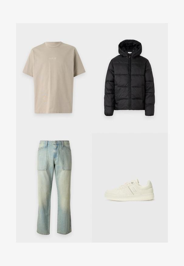 Czarna kurtka puchowa z kapturem, z poziomymi pikowanymi panelami, zapinana na zamek błyskawiczny z przodu i o gładkiej, błyszczącej fakturze.; Beżowa bawełniana koszulka z krótkim rękawem, okrągłym dekoltem i małym haftowanym logo "REPLAY" w białym kolorze z przodu.; Jasnoniebieskie dżinsy z prostymi nogawkami, widocznymi szwami i dwiema dużymi kieszeniami z przodu. Tkanina ma wyblakłą strukturę.; Kremowe sneakersy z perforowanymi detalami, sznurowadłami i logo z boku, prezentowane na jednolitym białym tle.