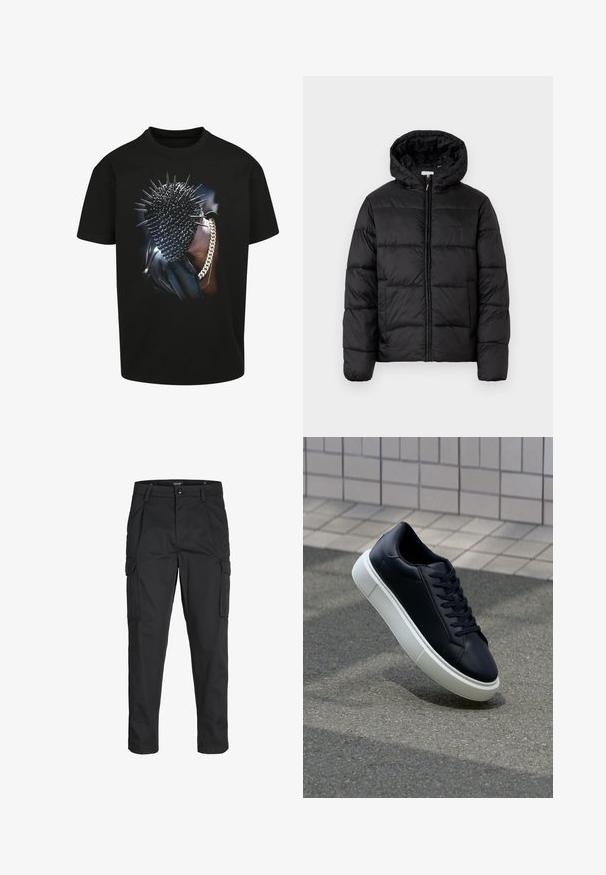 Zwarte pufferjack met een capuchon, met horizontale gestikte panelen, ritssluiting aan de voorkant en een gladde, glanzende textuur.; Zwarte T-shirt met een graphic van een gespiked hoofd en kettingaccent. Korte mouwen en klassieke pasvorm. Gedurfde uitstraling met een glanzende textuur.; Zwarte cargobroek van stevig stof, met meerdere zakken, een knoopsluiting en een slim fit ontwerp met taps toelopende benen.; Zwarte leren sneaker met een ronde neus en een witte rubberen zool. Voorzien van platte veters en minimale stiksels op het bovenwerk. Textuurrijke zool voor grip.