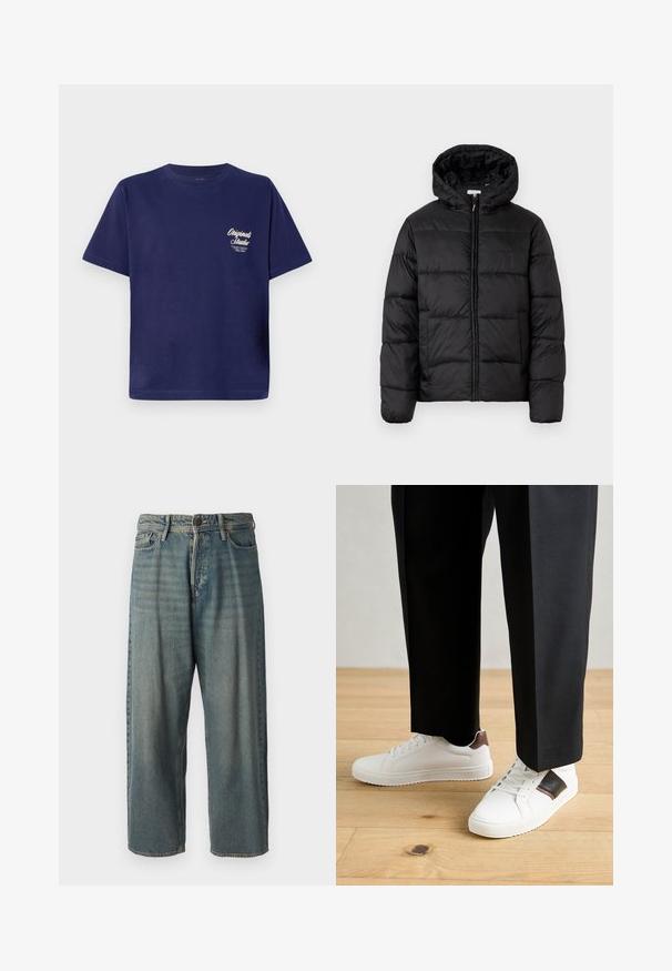 Juodas pūkinis švarkas su kapišonu, su horizontaliai siuvinėtais audinio ruožais, priekyje užsegamas užtrauktuku ir turintis lygią, blizgią tekstūrą.; Tamsiai mėlyna medvilninė marškinėliai su trumpomis rankovėmis, apykakle ir maža balta teksto grafika kairėje pusėje. Paprastas, vientisos spalvos dizainas.; Šviesiai mėlyni džinsai su laisvu siluetu, vidutinio aukščio juosmeniu ir tiesiomis kojomis. Su penkiais kišenėmis, diržo kilpo ir mygtukų uždarymu.; Balti sportbačiai su glotnia danga, puošti rudais odiniais akcentais ir juodais detalėmis, derinami su juodais pritaikytais kelnėmis. Medinių grindų fonas.