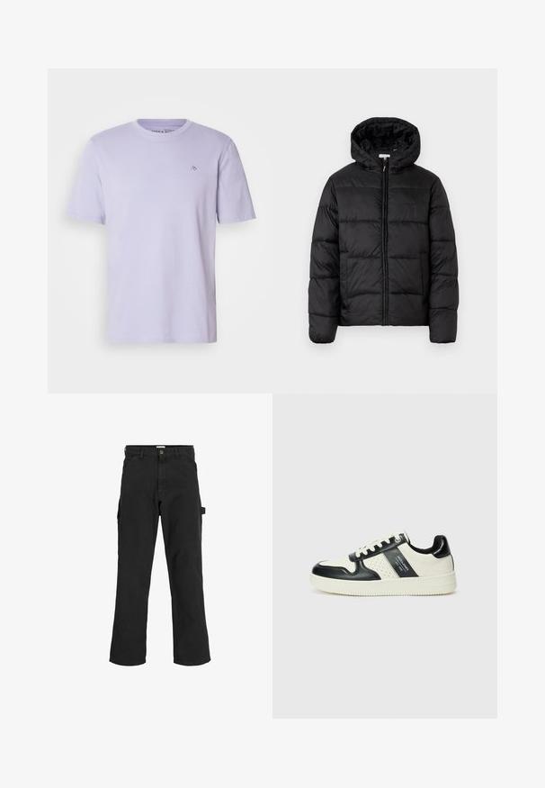 Fekete puffermellény kapucnival, vízszintes steppelésekkel, cipzáros elülső záródással és sima, fényes felülettel.; Világoslila pamut póló, kerek nyakkivágással, rövid ujjakkal és egy kis hímzett logóval a mellkasán. Puha tapintású és normál szabású.; Fekete cargo nadrág pamut keverékből készült. Széles lábakkal, elöl ferdén zsebekkel és egy oldalsó zsebbel rendelkezik, amelyen egy hurok található kiegészítők számára.; Fekete és krém színű bőrsneaker, perforált díszítésekkel, párnázott bokapánttal és texturált talppal.