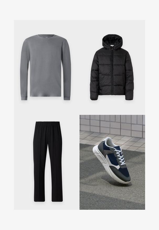 Μαύρο μπουφάν με κουκούλα, με οριζόντια καπιτονέ πάνελ, κλείσιμο με φερμουάρ μπροστά και λεία, γυαλιστερή υφή.; Γκρι μακρύ μανίκι μπλουζάκι από απαλό βαμβακερό ύφασμα, με στρογγυλή λαιμόκοψη και εφαρμοστά μανίκια. Απλό, χωρίς διακοσμητικά σχέδια.; Μαύρο παντελόνι με ελαστική μέση και ίσια γραμμή, με λεία υφή και χωρίς εμφανή σχέδια ή μεταλλικά στοιχεία.; Αθλητικά παπούτσια με επάνω μέρος από ναυτικό μπλε διχτυωτό ύφασμα, γκρι σουέτ λεπτομέρειες, λευκή καουτσούκ σόλα και επίπεδα λευκά κορδόνια, σχεδιασμένα για άνεση και αερισμό.