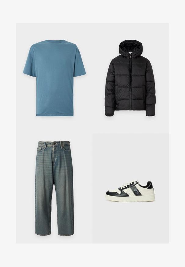 Casaco puffer preto com capuz, apresentando painéis acolchoados horizontais, fecho com zíper na frente e uma textura suave e brilhante.; T-shirt de manga curta azul claro, feita de tecido macio. Apresenta um decote redondo e um corte descontraído, sem padrões ou adornos.; Jeans de ganga azul claro com um corte solto, cintura média e pernas retas. Apresenta cinco bolsos, passadores de cinto e fecho com botão.; Ténis de couro com um esquema de cores em preto e creme, apresentando detalhes perfurados, um colarinho acolchoado e uma sola texturizada.