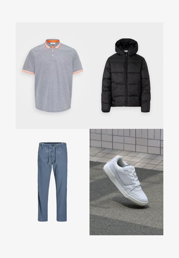 Zwarte pufferjack met een capuchon, met horizontale gestikte panelen, ritssluiting aan de voorkant en een gladde, glanzende textuur.; Grijze polo shirt van katoen met een gestructureerde afwerking, met oranje accenten op de kraag en mouwen. Drie-knopen sluiting.; Blauwe, lichte katoenen broek met een trekkoord in de taille, knoopsluiting en zakken aan de zijkanten. Rechte pijpen zonder zichtbare patronen.; Witte lederen sneaker met geperforeerde zijkanten, gestructureerde accenten, platte veters en een contrasterende grijze hiel. Voorzien van een iets verhoogde zool.