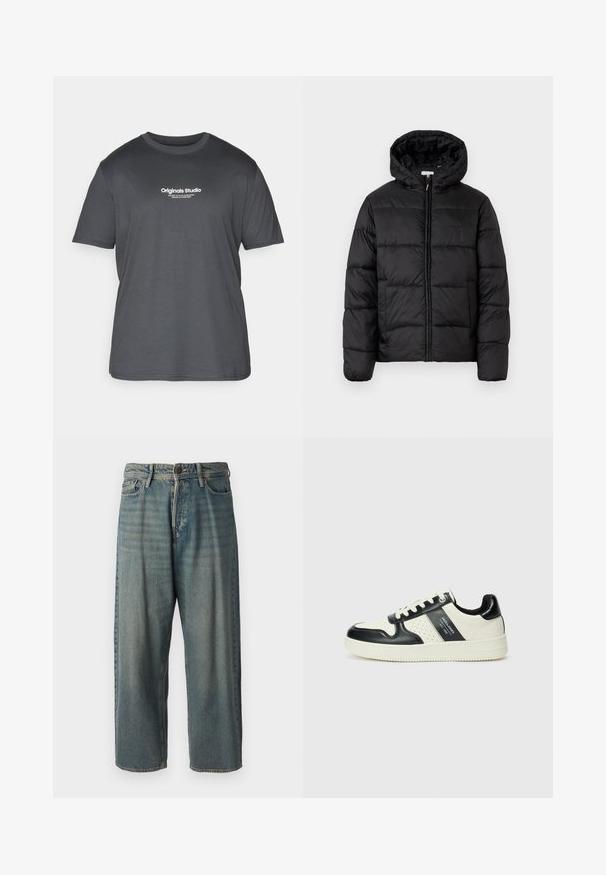 Svart puffjakke med hette, med horisontale quiltpaneler, glidelås foran og en glatt, shiny tekstur.; Jack & Jones JORVESTERBRO TEE CREW NECK - T-shirts med print - forest river; Lyseblå denimjeans med løs passform, midjehøyde og rette ben. Har fem lommer, beltehemper og knappelukking.; Lædersneakers med sort og creme farveskema, der har perforerede detaljer, en polstret krave og en struktureret ydersål.