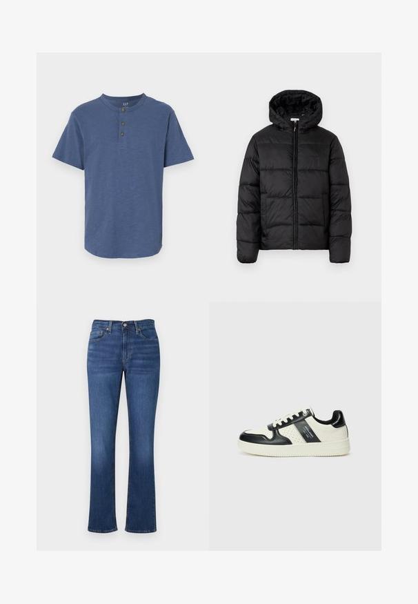 Fekete puffermellény kapucnival, vízszintes steppelésekkel, cipzáros elülső záródással és sima, fényes felülettel.; Rövid ujjú ing puha kék anyagból, kerek nyakkal és három barna gombbal a gallérnál, egyenes aljú fazonnal.; Közepes kék mosású farmernadrág, amely jellemzően szűkített derékkal, harangszerű lábakkal, öt zsebbel és diszkrét kontrasztvarrással rendelkezik.; Fekete és krém színű bőrsneaker, perforált díszítésekkel, párnázott bokapánttal és texturált talppal.