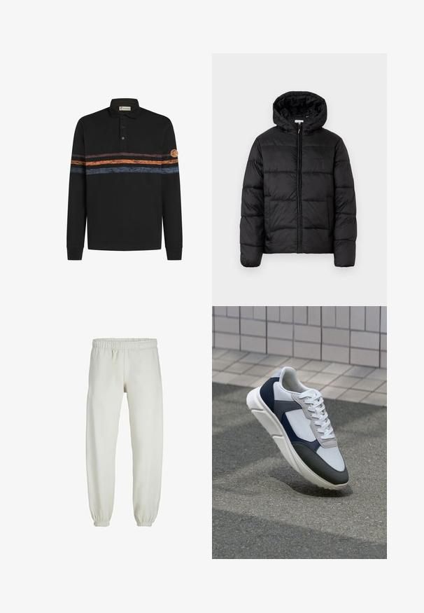 Čierna prešívaná bunda s kapucňou, s horizontálnymi prešívanými panelmi, so zipsom vpredu a hladkou, lesklou textúrou.; Čierne polo tričko s dlhým rukávom, ktoré obsahuje textúrovaný horizontálny pruhovaný vzor v oranžovej a modrej farbe, s logom na ľavom rukáve.; Biele teplákové nohavice vyrobené z mäkkej textílie, s elastickým pásom a manžetami, s hladkým povrchom a voľným strihom.; Biele, námornícke a šedé tenisky s kombinovaným materiálom, so štruktúrovaným zvrškom, plochými šnúrkami a polstrovanou podošvou.