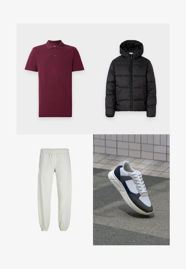 Giacca a vento nera con cappuccio, caratterizzata da pannelli trapuntati orizzontali, chiusura frontale con zip e una texture liscia e lucida.; Polo shirt corto bordeaux in cotone, con colletto classico, patta con due bottoni e polsini a costina. Tessuto morbido.; Pantaloni tuta bianchi realizzati in tessuto morbido, dotati di vita e polsini elastici, con una texture liscia e una vestibilità ampia.; Sneaker bianca, blu navy e grigia con un design a materiali misti, caratterizzata da una tomaia testurizzata, lacci piatti e una suola imbottita.