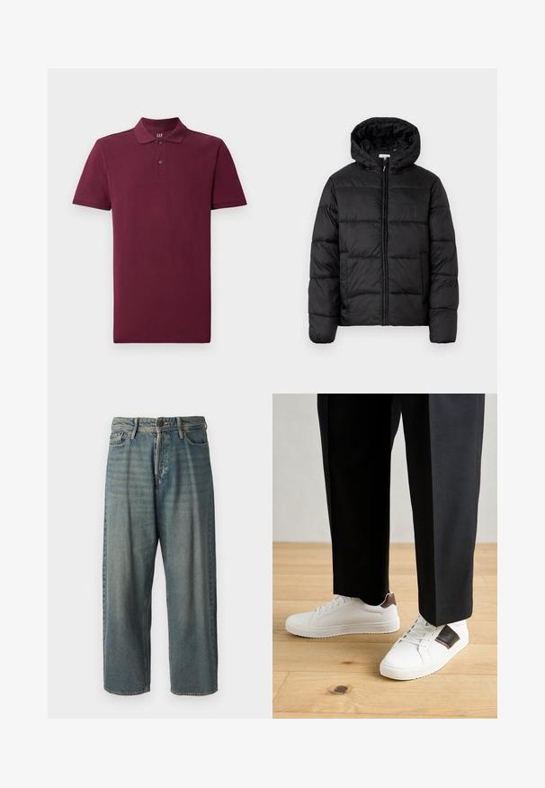 Schwarze Steppjacke mit Kapuze, ausgestattet mit horizontalen Stepppanelen, Reißverschluss vorne und einer glatten, glänzenden Textur.; Burgunderfarbene Kurzarm-Polohemd aus Baumwolle, mit klassischem Kragen, zwei Knopfverschluss und gerippten Bündchen. Glatte Textur.; Helle blaue Denim-Jeans mit lockerer Passform, mittelhoher Taille und geraden Beinen. Hat fünf Taschen, Gürtelschlaufen und einen Knopfverschluss.; Weiße Sneakers mit glatter Textur, versehen mit braunen Lederakzenten und schwarzen Details, kombiniert mit schwarzen maßgeschneiderten Hosen. Hintergrund aus Holzboden.