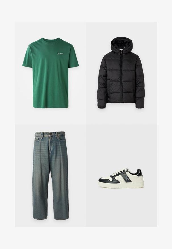 Casaco puffer preto com capuz, apresentando painéis acolchoados horizontais, fecho com zíper na frente e uma textura suave e brilhante.; T-shirt de algodão verde com decote redondo, mangas curtas e um pequeno logótipo branco da Columbia no peito. Textura suave, design casual.; Jeans de ganga azul claro com um corte solto, cintura média e pernas retas. Apresenta cinco bolsos, passadores de cinto e fecho com botão.; Ténis de couro com um esquema de cores em preto e creme, apresentando detalhes perfurados, um colarinho acolchoado e uma sola texturizada.