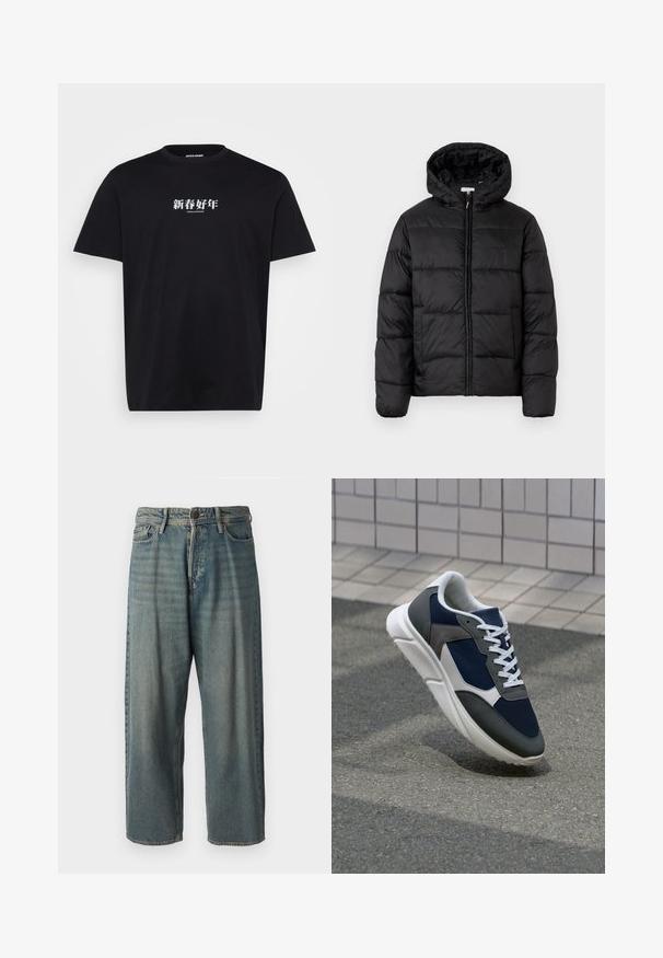Juodas pūkinis švarkas su kapišonu, su horizontaliai siuvinėtais audinio ruožais, priekyje užsegamas užtrauktuku ir turintis lygią, blizgią tekstūrą.; Juoda medvilninė marškinėliai su baltais tekstais azijietiškais simboliais ir apvaliu iškirpimu. Trumpomis rankovėmis, standartinio pritaikymo.; Šviesiai mėlyni džinsai su laisvu siluetu, vidutinio aukščio juosmeniu ir tiesiomis kojomis. Su penkiais kišenėmis, diržo kilpo ir mygtukų uždarymu.; Sportiniai bateliai su tamsiai mėlynu tinkliniu viršumi, pilkais zomšiniais akcentais, balta guma padanga ir plokščiomis baltomis raištelėmis, sukurti komfortui ir oro pralaidumui.