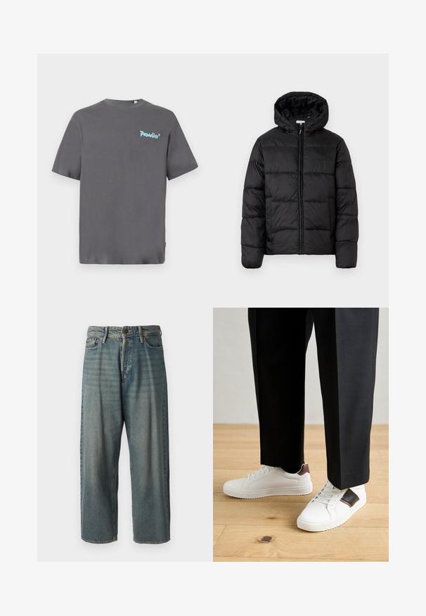 Black puffer jacket with a hood, featuring horizontal quilted panels, zip front closure, and a smooth, shiny texture.; Gray short-sleeve t-shirt made of cotton. Features a light blue "Paradise" logo printed on the left chest. Classic crew neckline.; Light blue denim jeans with a loose fit, mid-rise waist, and straight legs. Features five pockets, belt loops, and a button closure.; White sneakers with smooth texture, featuring brown leather accents and black detailing, paired with black tailored pants. Wooden floor background.