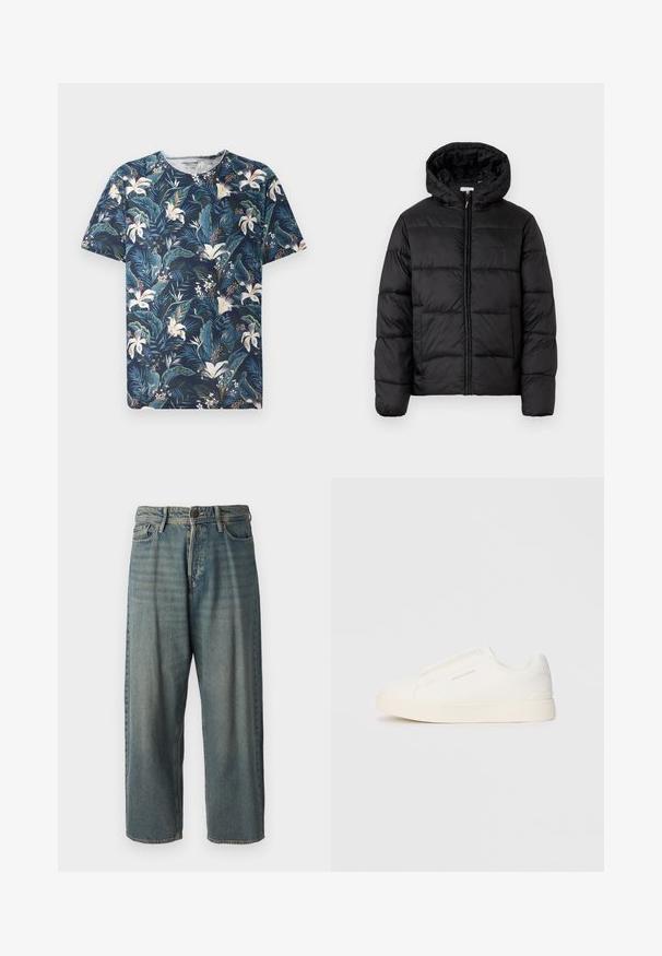Musternaturmustar coat mustelhoovaga, hrisontaalsete tikandi paneelidega, tõmbluku ees sulgemisega ja sujuva, läikiva tekstuuriga.; Lühikeste varrukatega tumesinine T-särk, millel on troopiline lille- ja lehe muster roheliste ja valgete toonidega, valmistatud pehmest kangast ja ümmarguse kaelusega.; Heledad sinine denim-stiilis teksad, volüümse lõike, keskmise kõrgusega talje ja sirgete säärega. Omab viit taskut, vöökumme ja nööpide sulgemist.; Valged libisemiskindlad tossud tekstuuriga pinnaga, paksu tallaga ja minimalistikus disainis. Küljel on brändi logo.