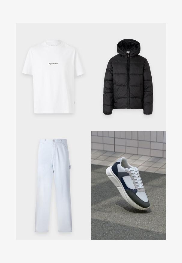 Black puffer jacket with a hood, featuring horizontal quilted panels, zip front closure, and a smooth, shiny texture.; White cotton t-shirt with short sleeves, featuring a small black "Originals Studio" logo on the chest and a textured label on the hem.; Light blue striped trousers made of cotton. Straight-leg design, featuring a front button closure and side pockets. Soft texture.; White, navy, and gray sneaker with a mixed material design, featuring a textured upper, flat laces, and a cushioned sole.